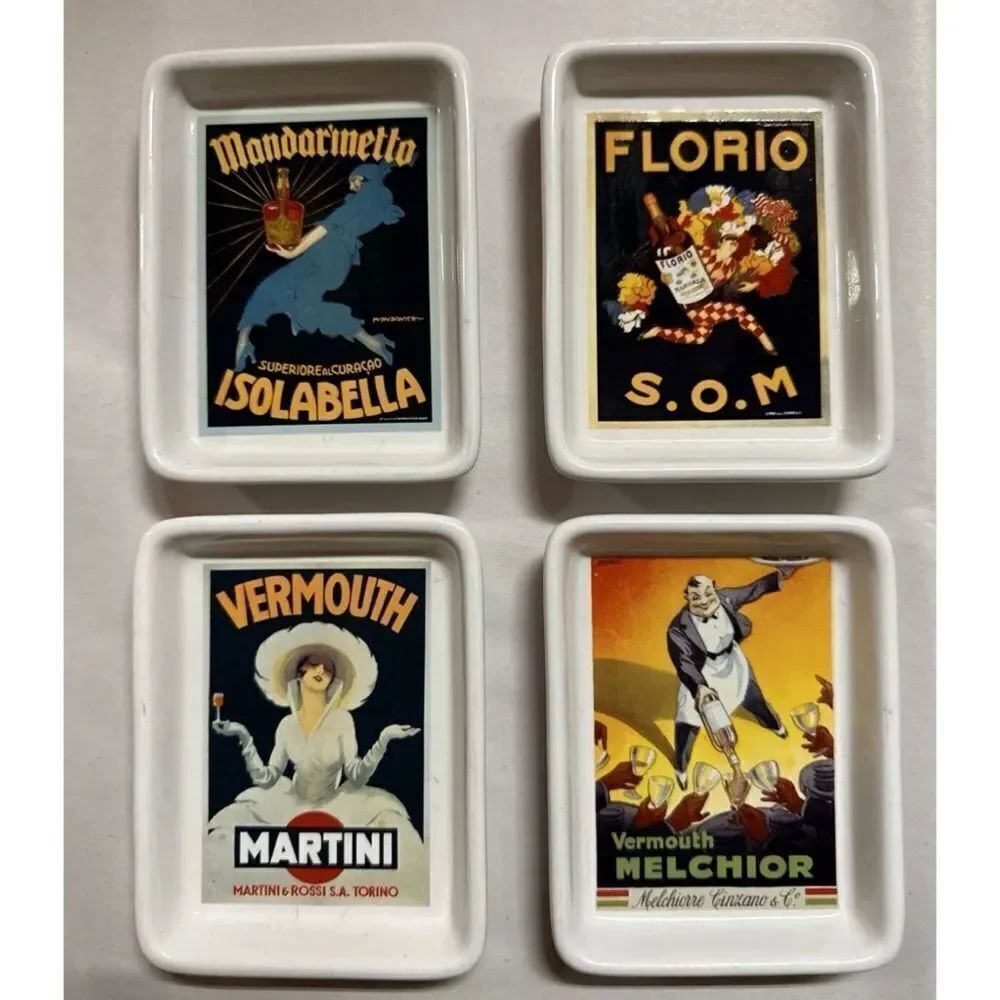 Set of 4 Pottery Barn  Vintage Cocktail Posters Appetizer Relish Dishes Plates